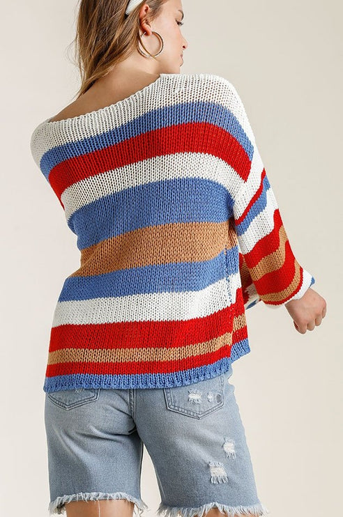 Multicolored Striped Round Neck Long Sleeve Knit Top Sweater - Accessoriesforever