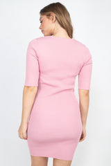 Solid Beautiful V-Neck Front Knot Ribbed Knit Mini Dress