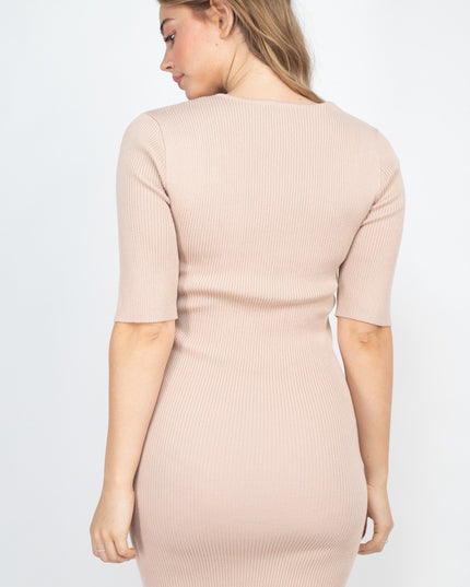 Solid Beautiful V-Neck Front Knot Ribbed Knit Mini Dress