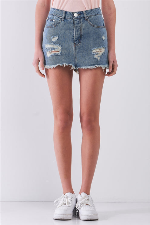 Causal Trendy Comfy Cotton High Waist Ripped Denim Mini Skirt
