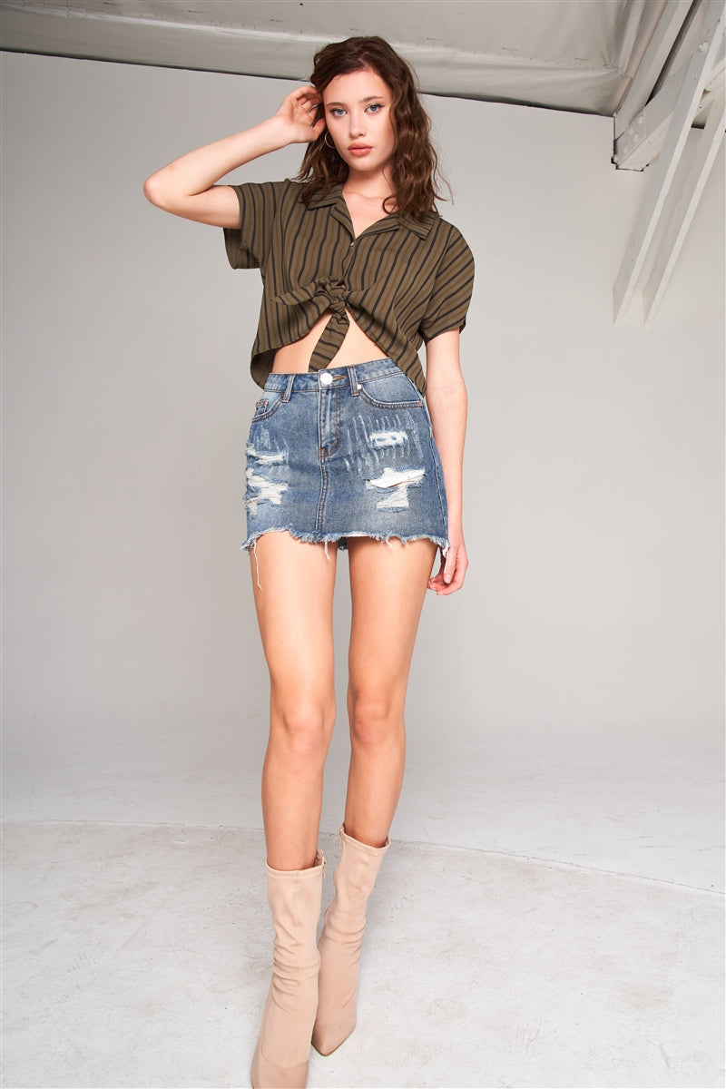 Causal Trendy Comfy Cotton High Waist Ripped Denim Mini Skirt