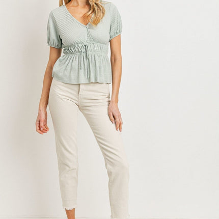 Solid Chic Front Waist Tie Ribbed Short Sleeve Fashion Top - Accessoriesforever
