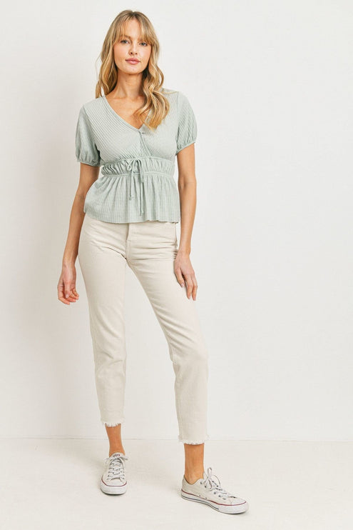 Solid Chic Front Waist Tie Ribbed Short Sleeve Fashion Top - Accessoriesforever