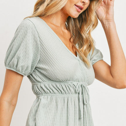 Solid Chic Front Waist Tie Ribbed Short Sleeve Fashion Top - Accessoriesforever