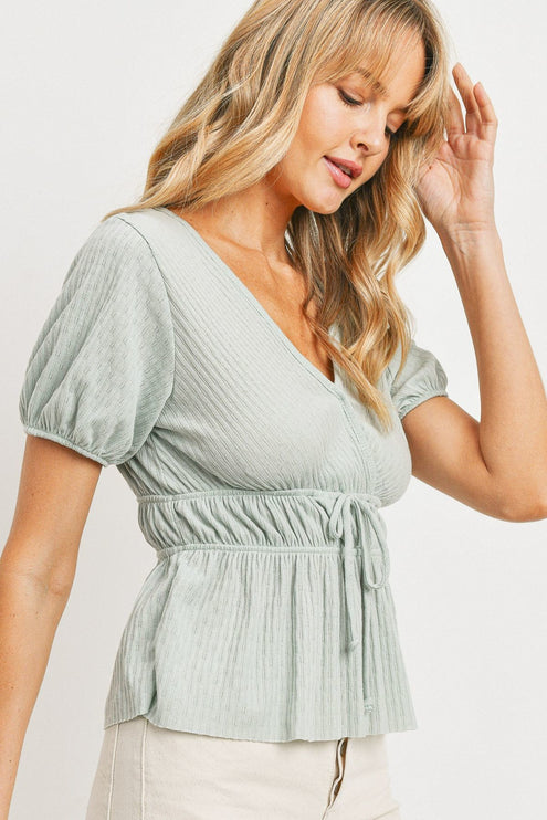 Solid Chic Front Waist Tie Ribbed Short Sleeve Fashion Top - Accessoriesforever