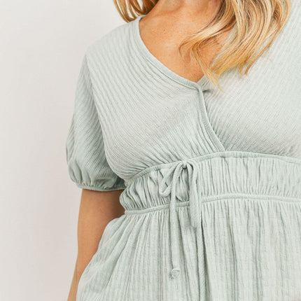 Solid Chic Front Waist Tie Ribbed Short Sleeve Fashion Top - Accessoriesforever