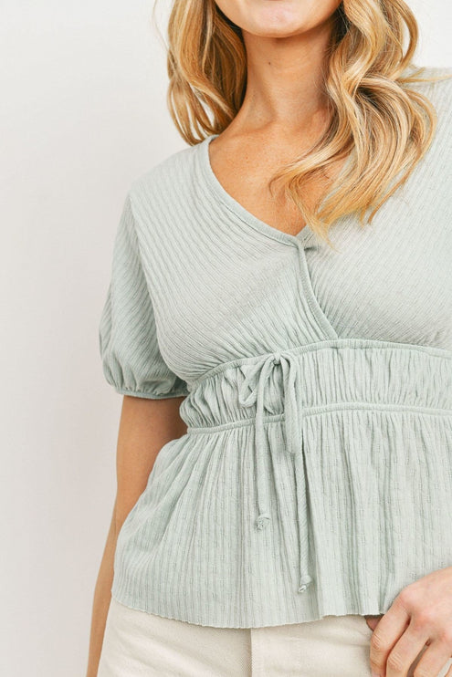 Solid Chic Front Waist Tie Ribbed Short Sleeve Fashion Top - Accessoriesforever
