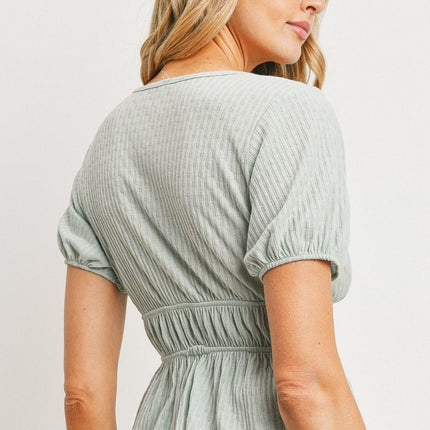 Solid Chic Front Waist Tie Ribbed Short Sleeve Fashion Top - Accessoriesforever