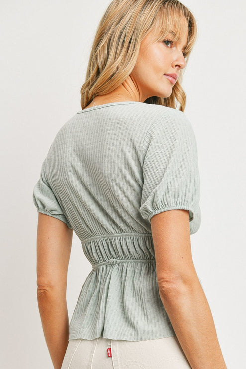 Solid Chic Front Waist Tie Ribbed Short Sleeve Fashion Top - Accessoriesforever