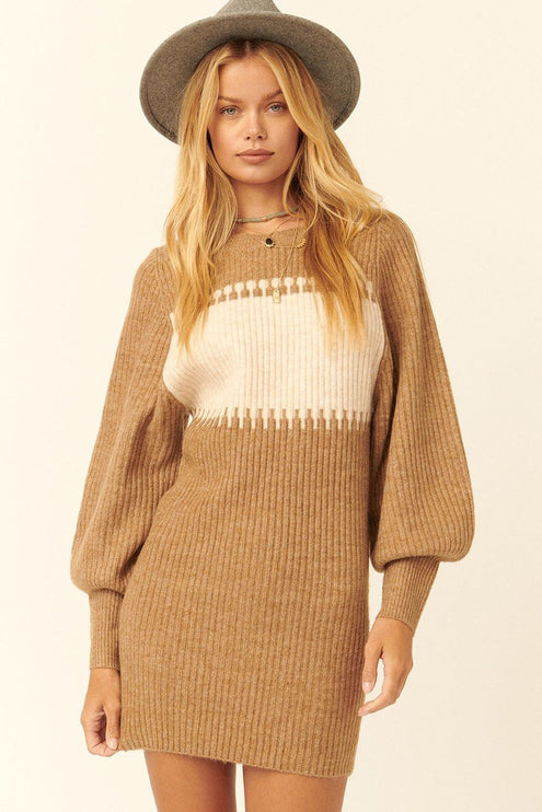 Chic Cozy Ribbed Knit Fashion Sweater Mini Dress