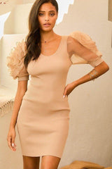 Chic Stylish Solid Bubble Flower Sleeve Design Midi Bodycon Fashion Dress
