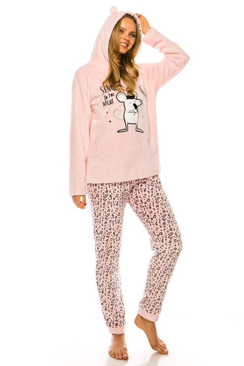 Cute Mouse Graphic Ear Detail Hoodie Animal Print Pants Two-Piece Pajamas Sweater Pants Set - Accessoriesforever