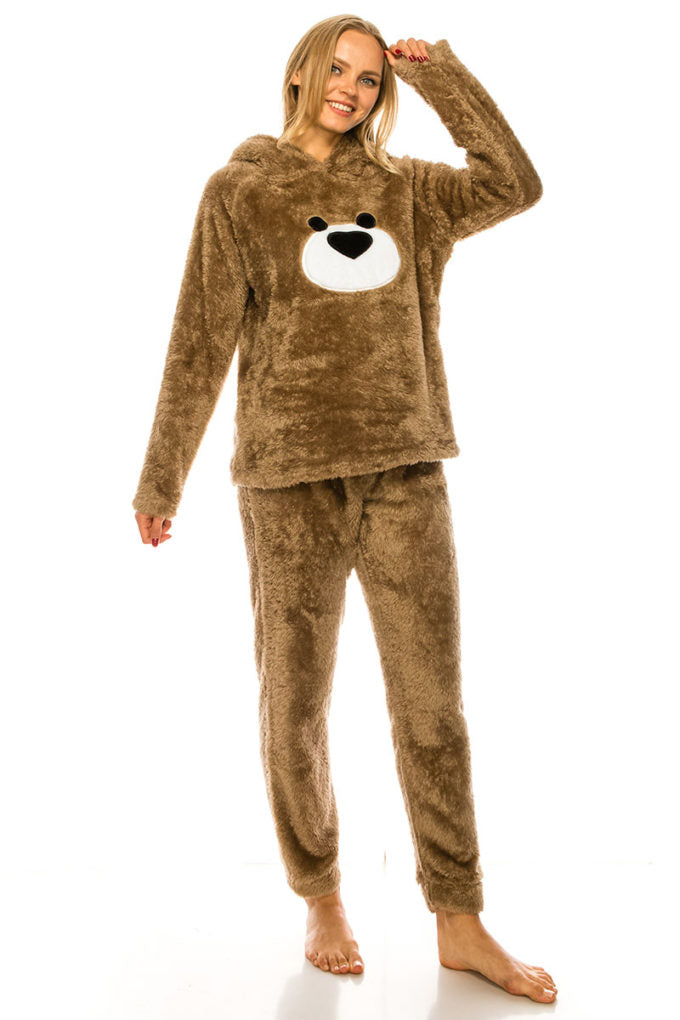 Cute Bear Pattern Ear Detail Hoodie Animal Print Pants Two-Piece Pajamas Sweater Pants Set