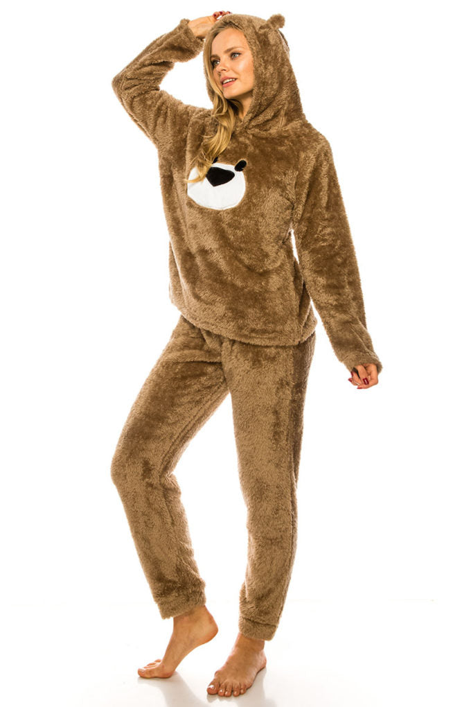 Cute Bear Pattern Ear Detail Hoodie Animal Print Pants Two-Piece Pajamas Sweater Pants Set