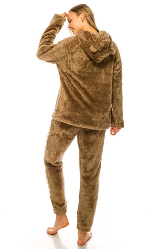 Cute Bear Pattern Ear Detail Hoodie Animal Print Pants Two-Piece Pajamas Sweater Pants Set