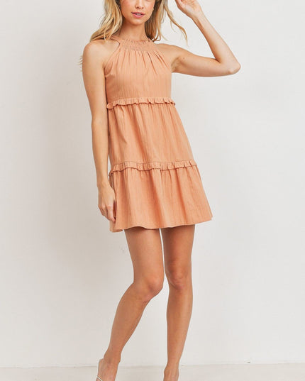 Cute Simple Solid Sleeveless Tiered Ruffled Woven Fashion Dress