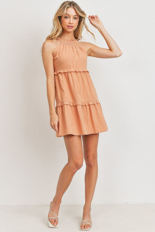 Cute Simple Solid Sleeveless Tiered Ruffled Woven Fashion Dress