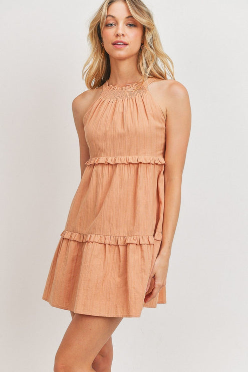 Cute Simple Solid Sleeveless Tiered Ruffled Woven Fashion Dress