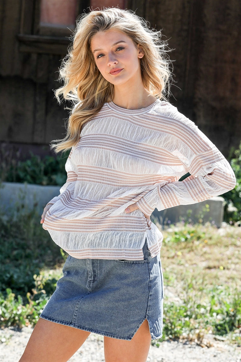 Comfy Stripe Pattern Crochet Long Sleeve Fashion Top