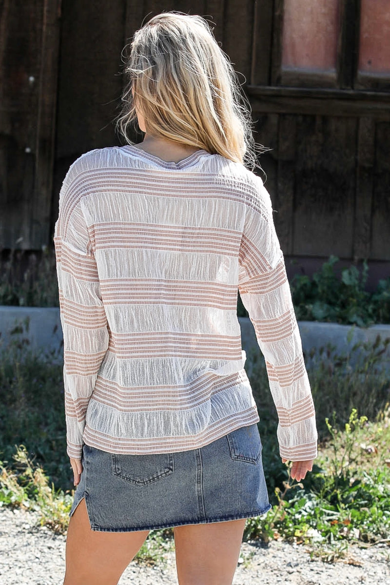 Comfy Stripe Pattern Crochet Long Sleeve Fashion Top