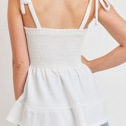 Smocked Tie Shoulder Straps Sleeveless Waffle Fashion Top - Accessoriesforever
