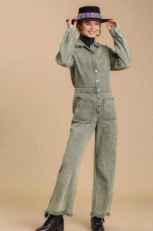 Stonewash Button-Down Wide Leg Distressed Jumpsuit