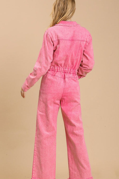 Stonewash Button-Down Wide Leg Distressed Jumpsuit - Accessoriesforever