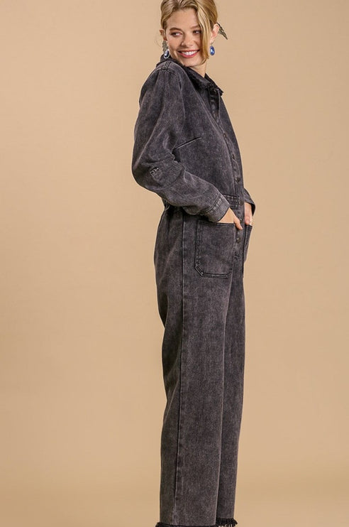 Stonewash Button-Down Wide Leg Distressed Jumpsuit