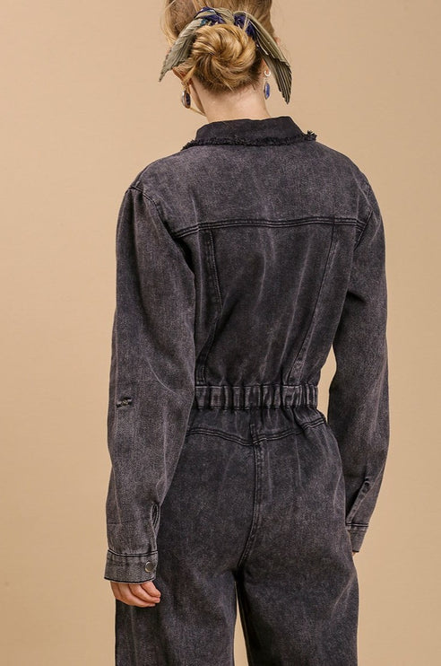 Stonewash Button-Down Wide Leg Distressed Jumpsuit - Accessoriesforever