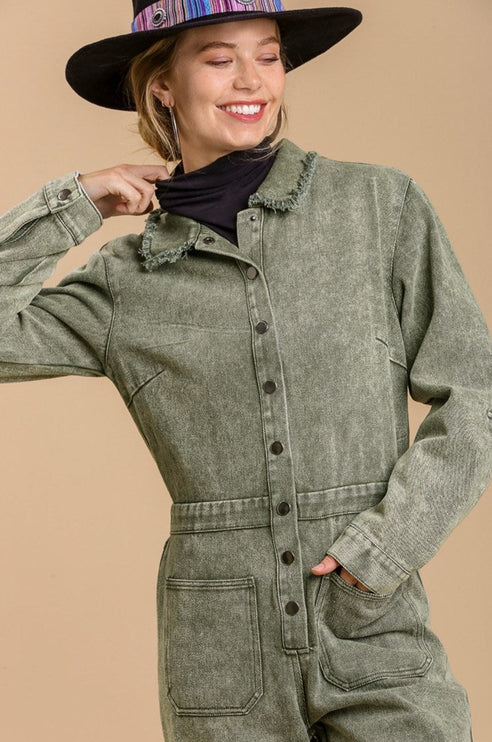 Stonewash Button-Down Wide Leg Distressed Jumpsuit - Accessoriesforever
