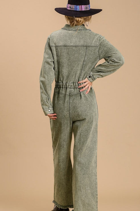 Stonewash Button-Down Wide Leg Distressed Jumpsuit