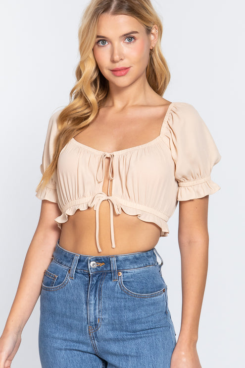 Simple Cute Sweet Short Sleeve Fashion Crop Woven Shirt Top