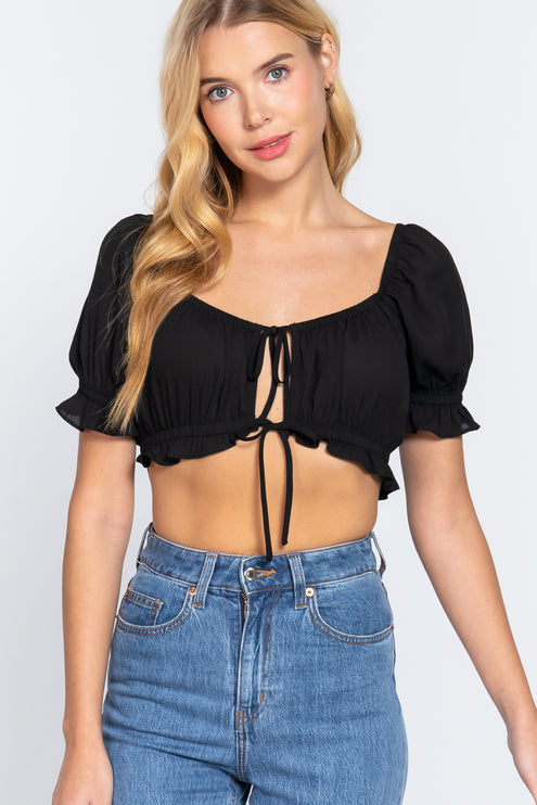 Simple Cute Sweet Short Sleeve Fashion Crop Woven Shirt Top