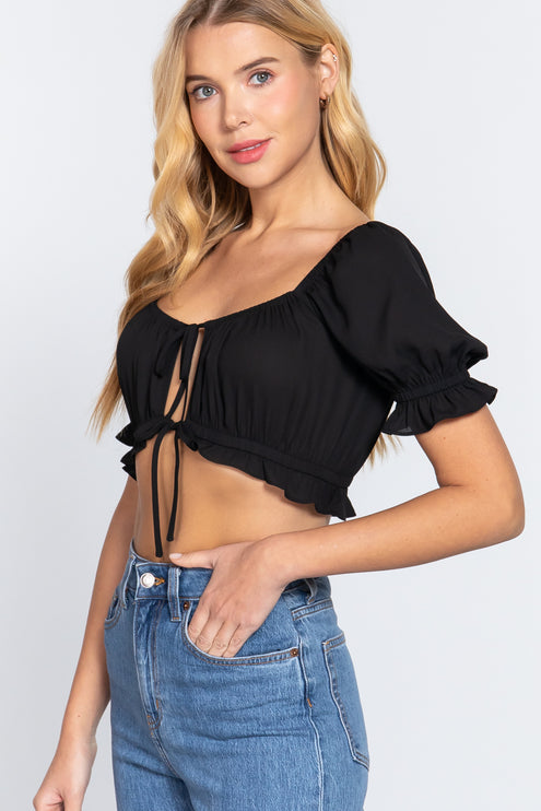 Simple Cute Sweet Short Sleeve Fashion Crop Woven Shirt Top