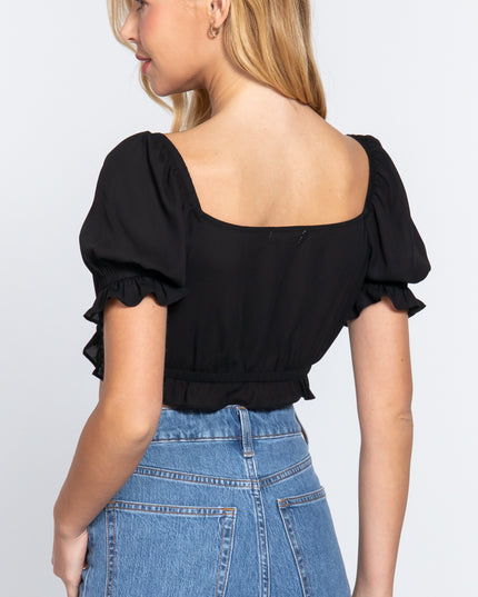 Simple Cute Sweet Short Sleeve Fashion Crop Woven Shirt Top