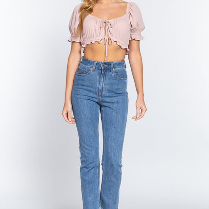 Simple Cute Sweet Short Sleeve Fashion Crop Woven Shirt Top - Accessoriesforever