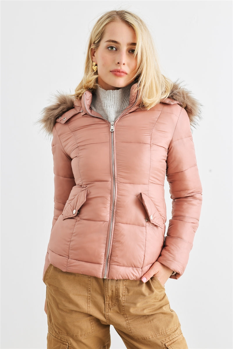 Cozy Faux Fur Hooded Padded Water Resistant Finish Fashion Outwear Jacket