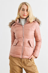 Cozy Faux Fur Hooded Padded Water Resistant Finish Fashion Outwear Jacket