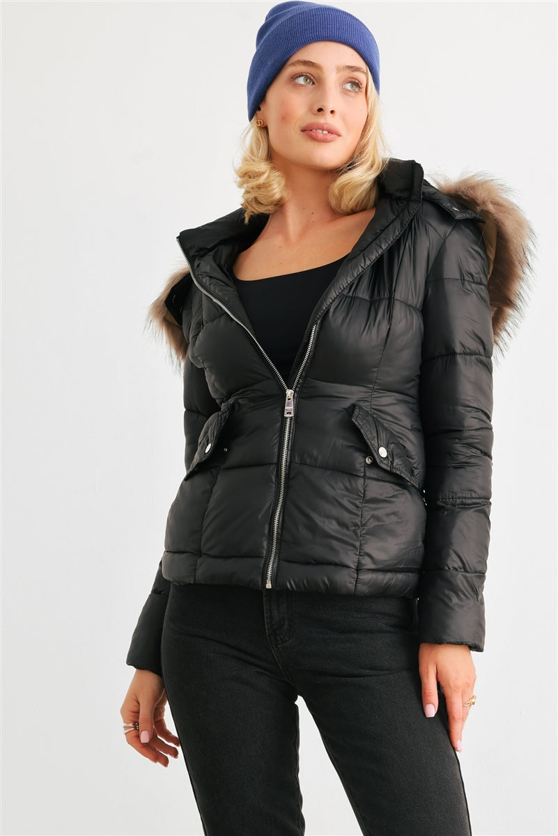 Cozy Faux Fur Hooded Padded Water Resistant Finish Fashion Outwear Jacket