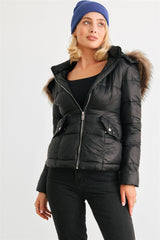 Cozy Faux Fur Hooded Padded Water Resistant Finish Fashion Outwear Jacket