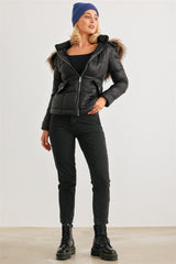 Cozy Faux Fur Hooded Padded Water Resistant Finish Fashion Outwear Jacket