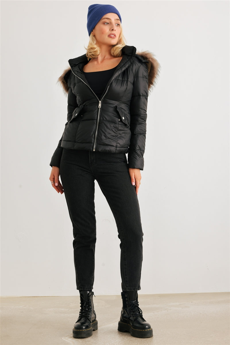 Cozy Faux Fur Hooded Padded Water Resistant Finish Fashion Outwear Jacket