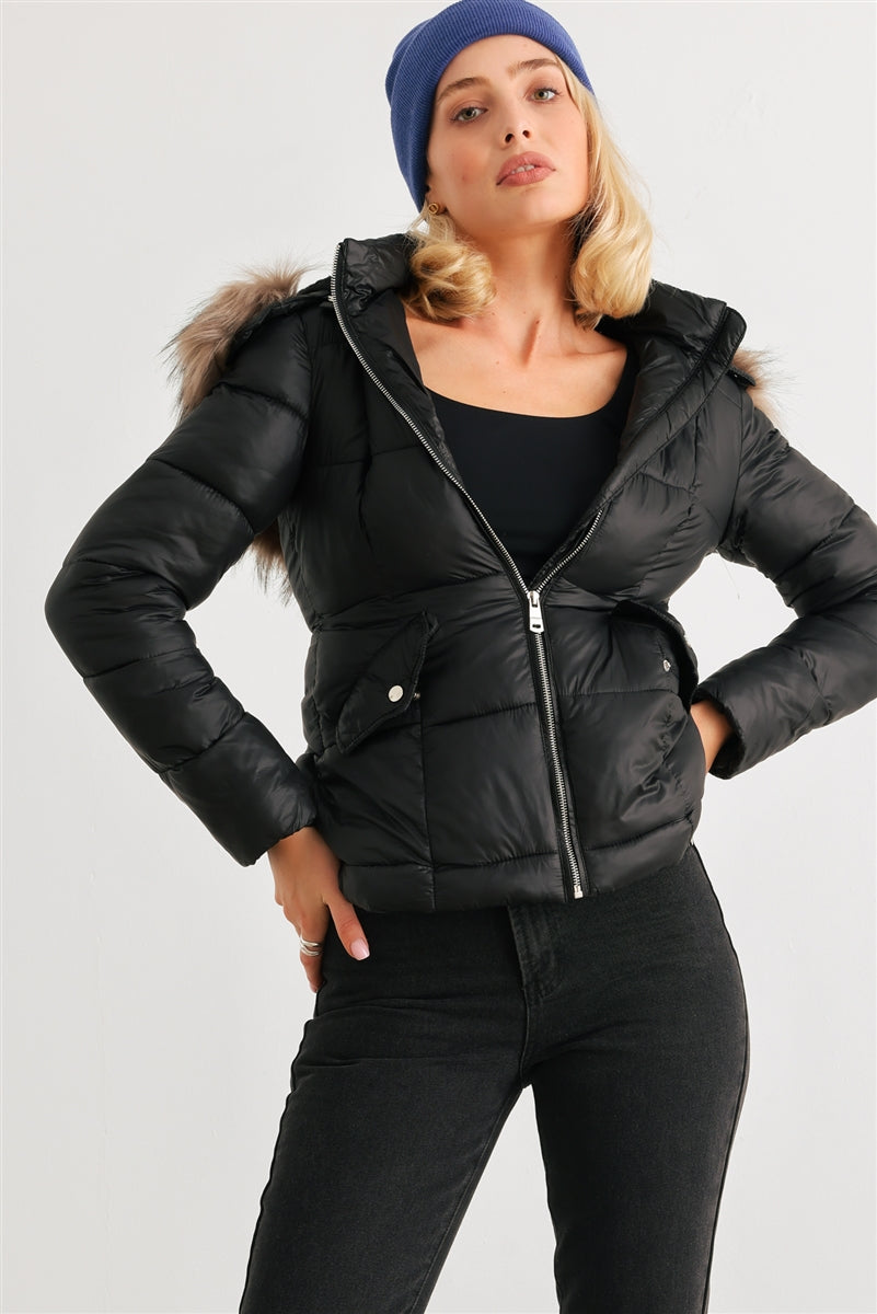Cozy Faux Fur Hooded Padded Water Resistant Finish Fashion Outwear Jacket