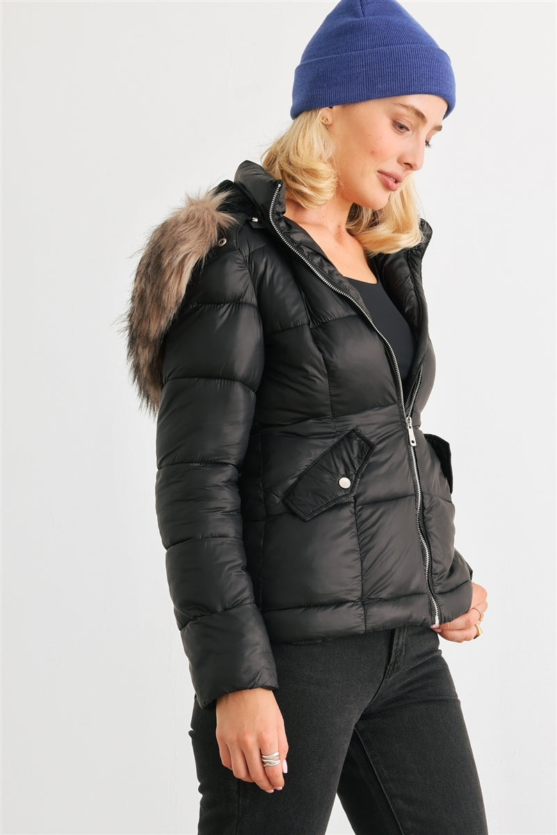 Cozy Faux Fur Hooded Padded Water Resistant Finish Fashion Outwear Jacket