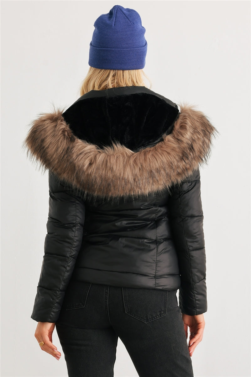 Cozy Faux Fur Hooded Padded Water Resistant Finish Fashion Outwear Jacket