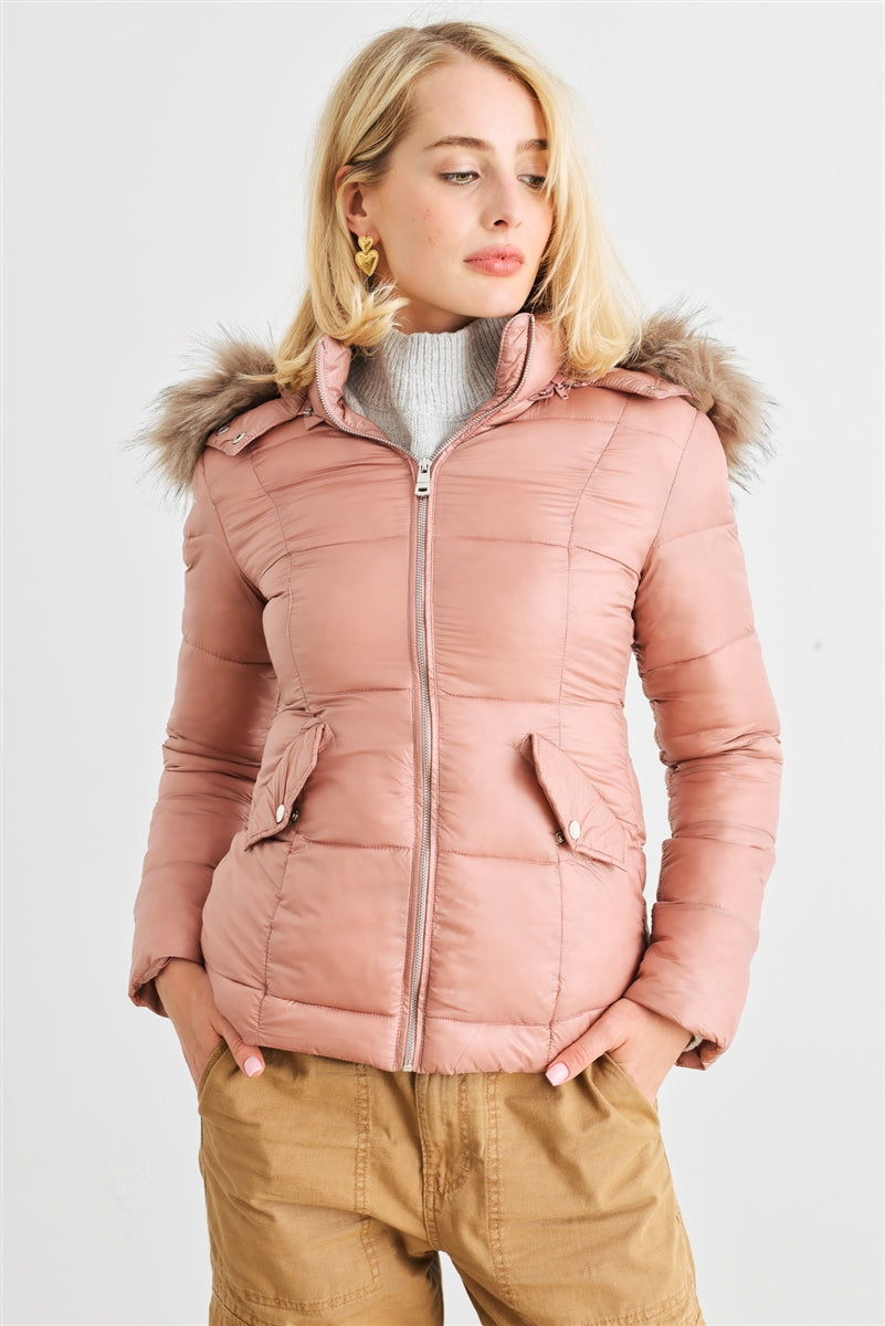Cozy Faux Fur Hooded Padded Water Resistant Finish Fashion Outwear Jacket