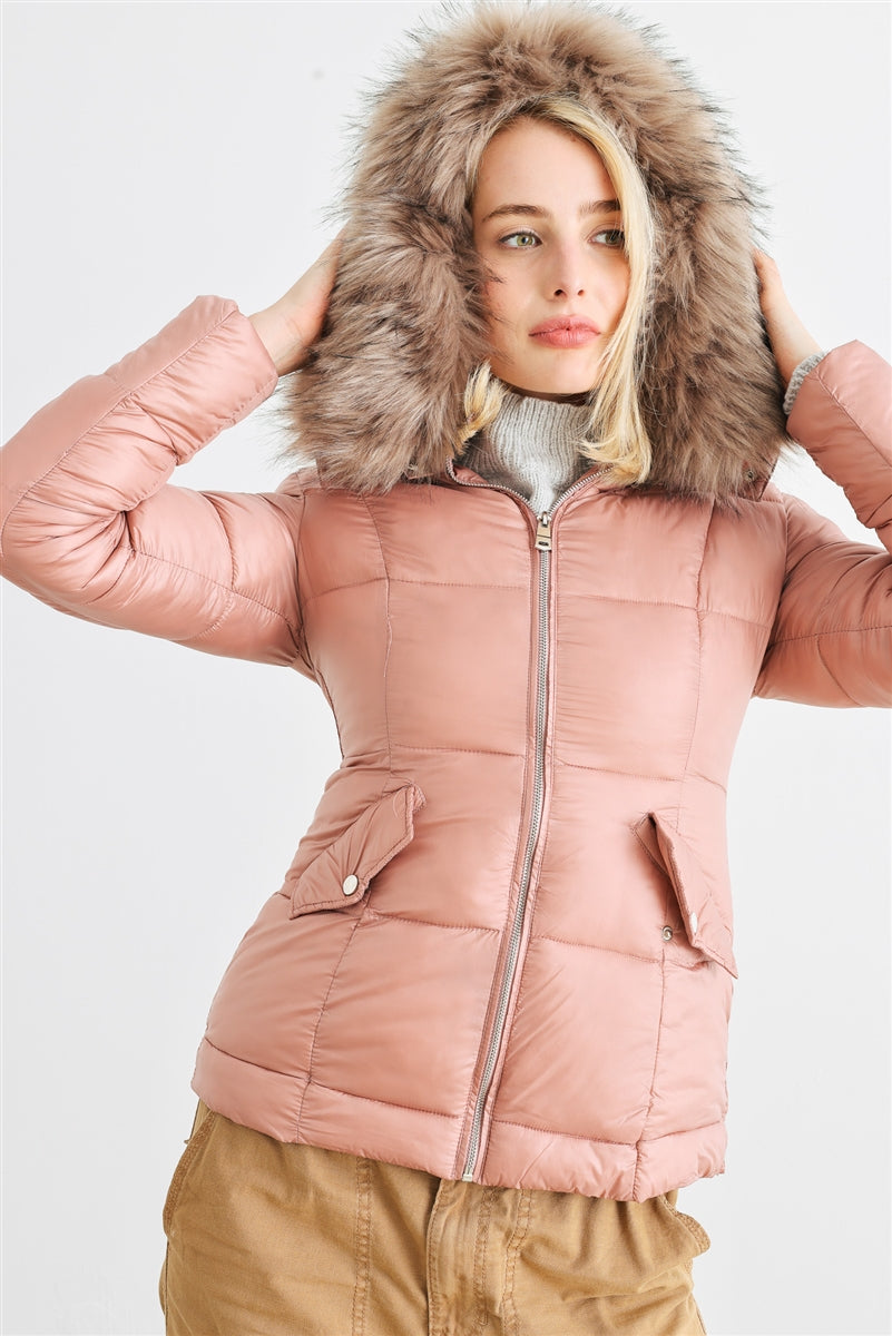 Cozy Faux Fur Hooded Padded Water Resistant Finish Fashion Outwear Jacket
