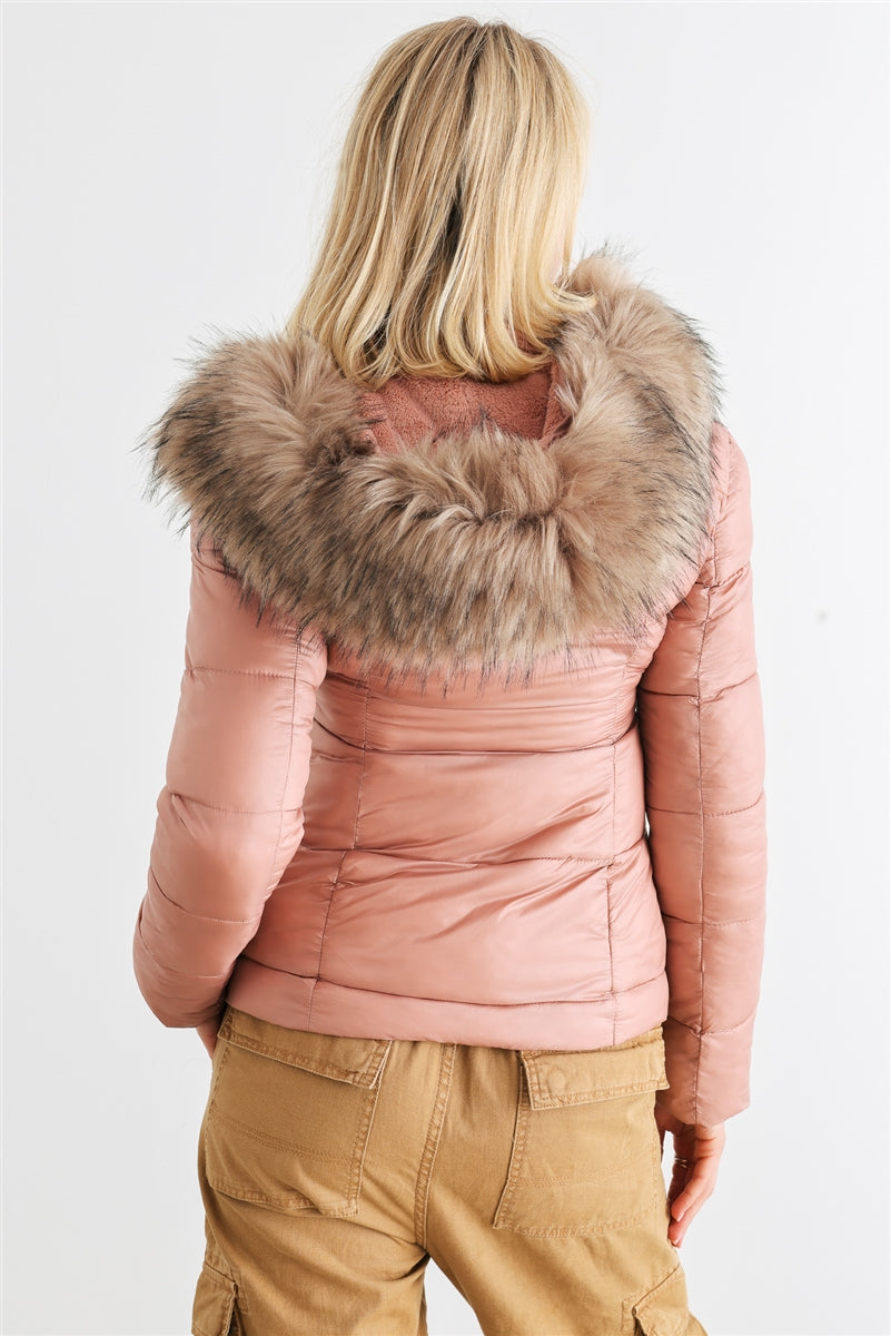 Cozy Faux Fur Hooded Padded Water Resistant Finish Fashion Outwear Jacket