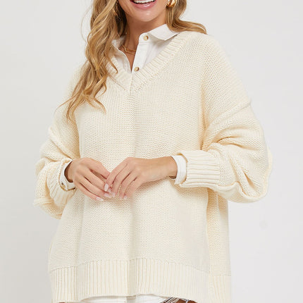 Cozy Solid Loose Fit V Neck Oversized Fashion Top Sweater - Accessoriesforever