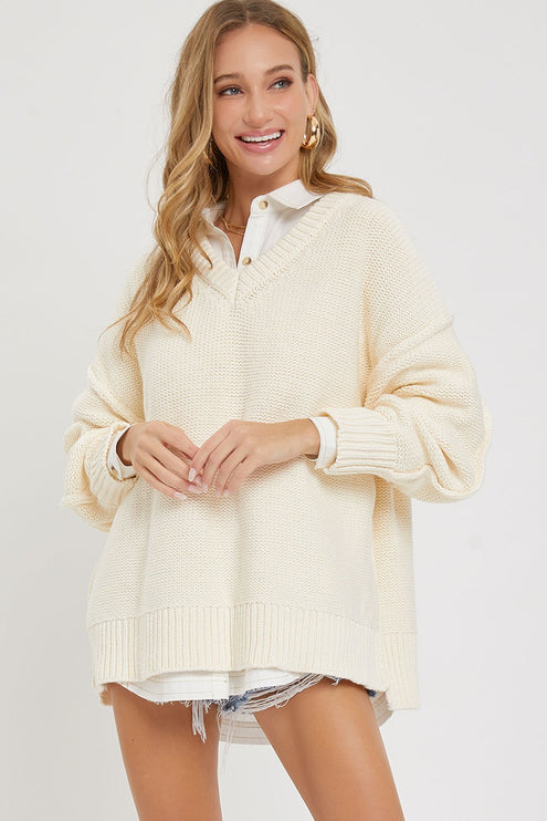 Cozy Solid Loose Fit V Neck Oversized Fashion Top Sweater